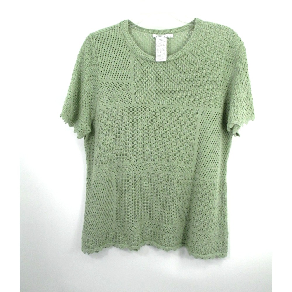 Chicos Patchwork Pointelle Knit Sweater Green Scalloped Hem Short Sleeve XL 3